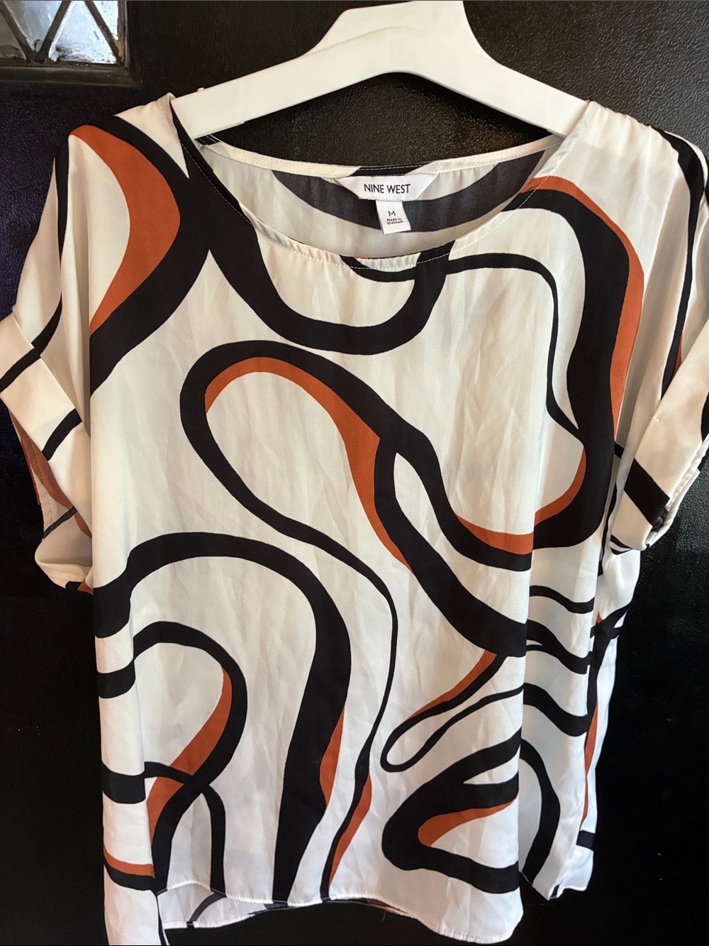 Nine West Cream Blouse with Black and Rust Wave Print